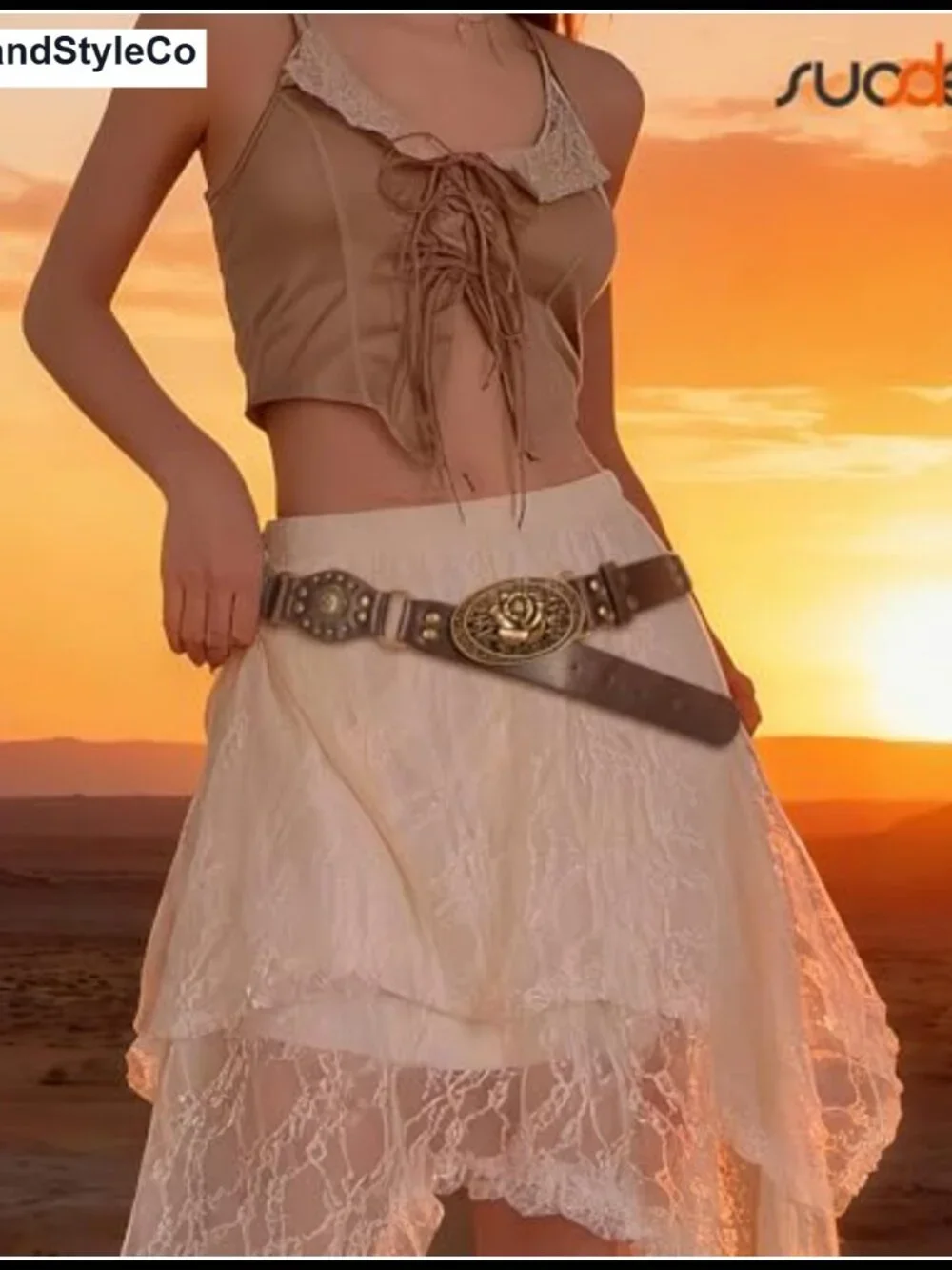 Women's Western Faux Leather Belt Vintage Studded Buckle Cowgirl